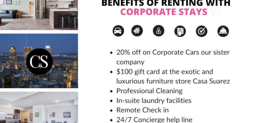 Pet-Friendly Furnished 1B Rental in Montreal with Skyline Views & Concierge